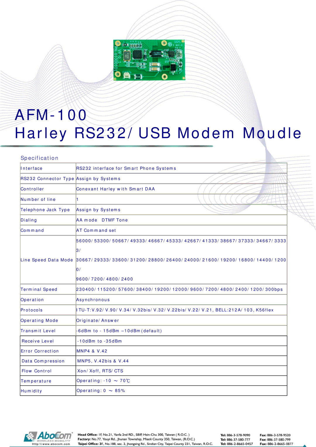 Abocom manual AFM-100 Harley RS232/USB Modem Moudle, Specification 