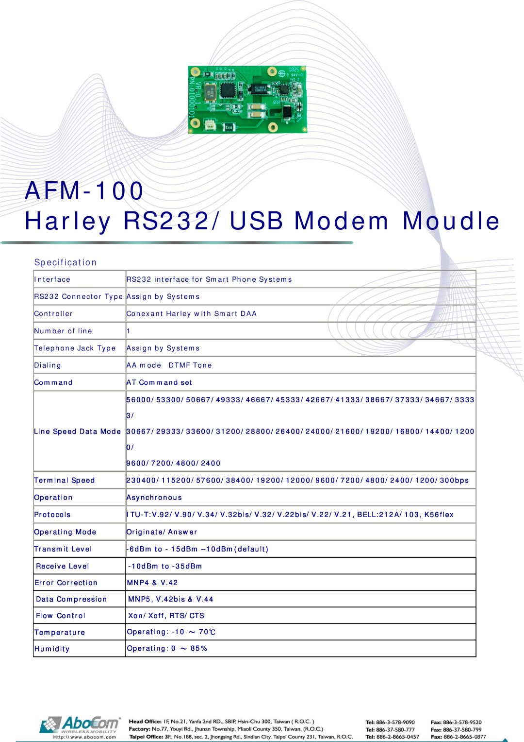 Abocom manual AFM-100 Harley RS232/USB Modem Moudle, Specification 