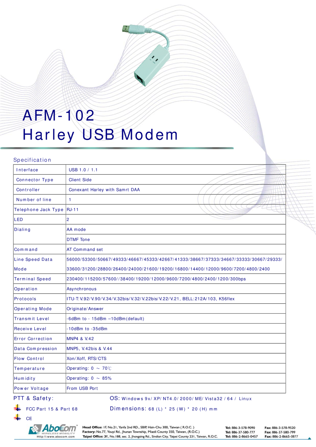 Abocom dimensions AFM-102 Harley USB Modem, Specification, PTT & Safety, Led 