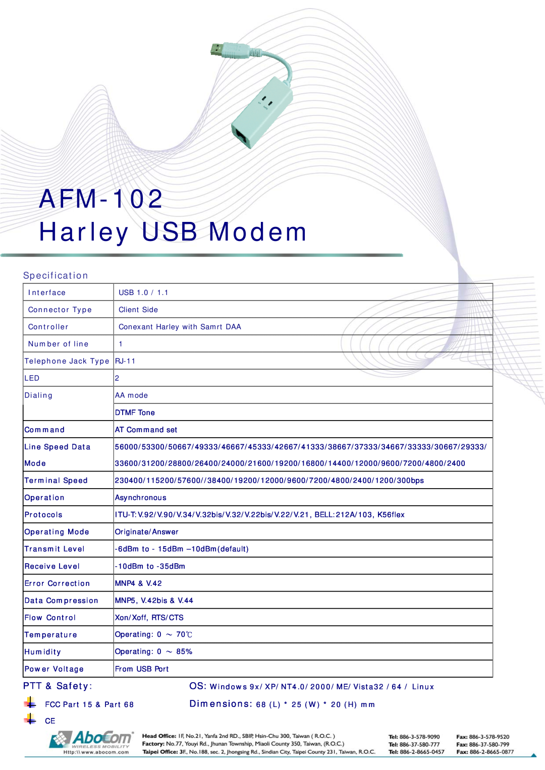 Abocom dimensions AFM-102 Harley USB Modem, Specification, PTT & Safety 
