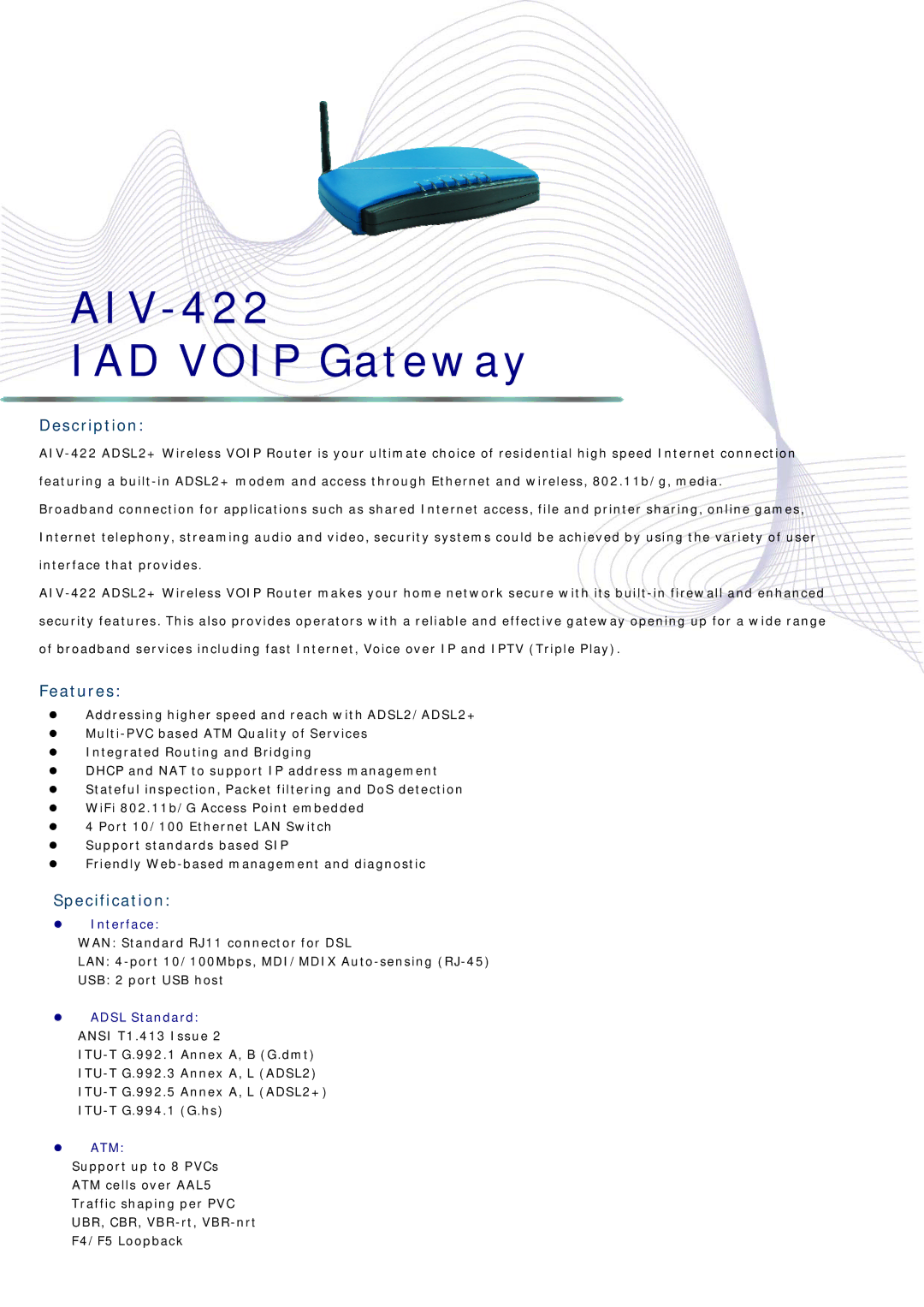 Abocom AIV-422 manual Description, Features, Specification, Interface, Atm 