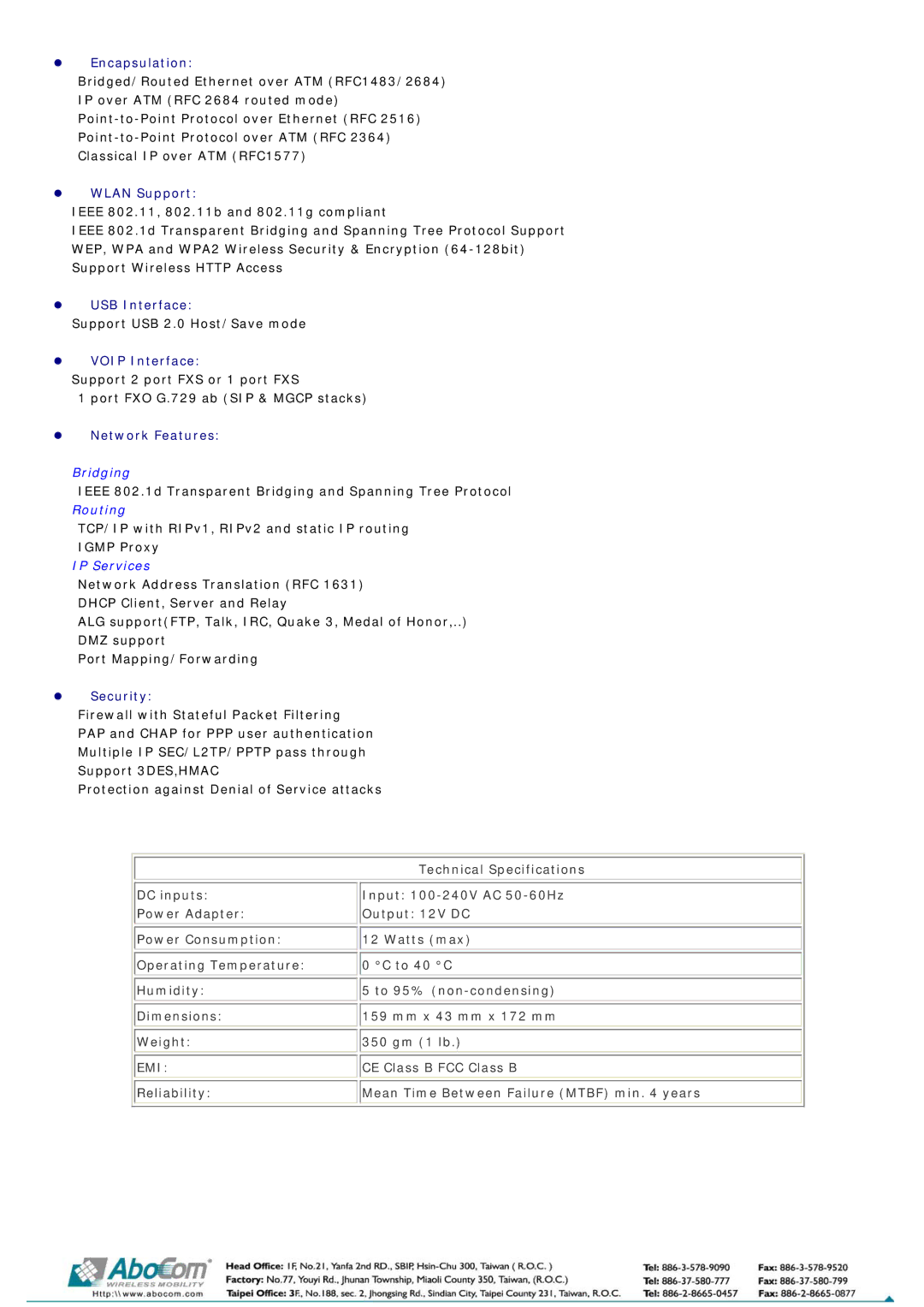 Abocom AIV-422 manual Encapsulation, Wlan Support, USB Interface, Voip Interface, Network Features, Security 