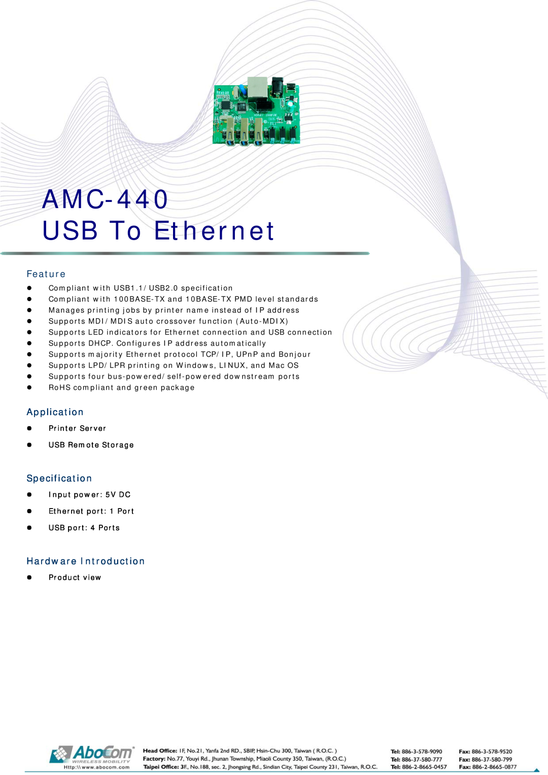 Abocom manual AMC-440 USB To Ethernet, Feature, Application, Specification, Hardware Introduction 