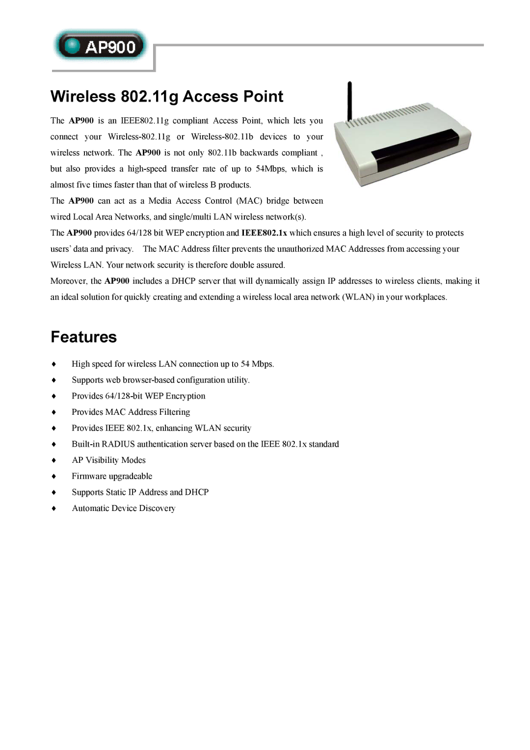 Abocom AP900 manual Wireless 802.11g Access Point, Features 