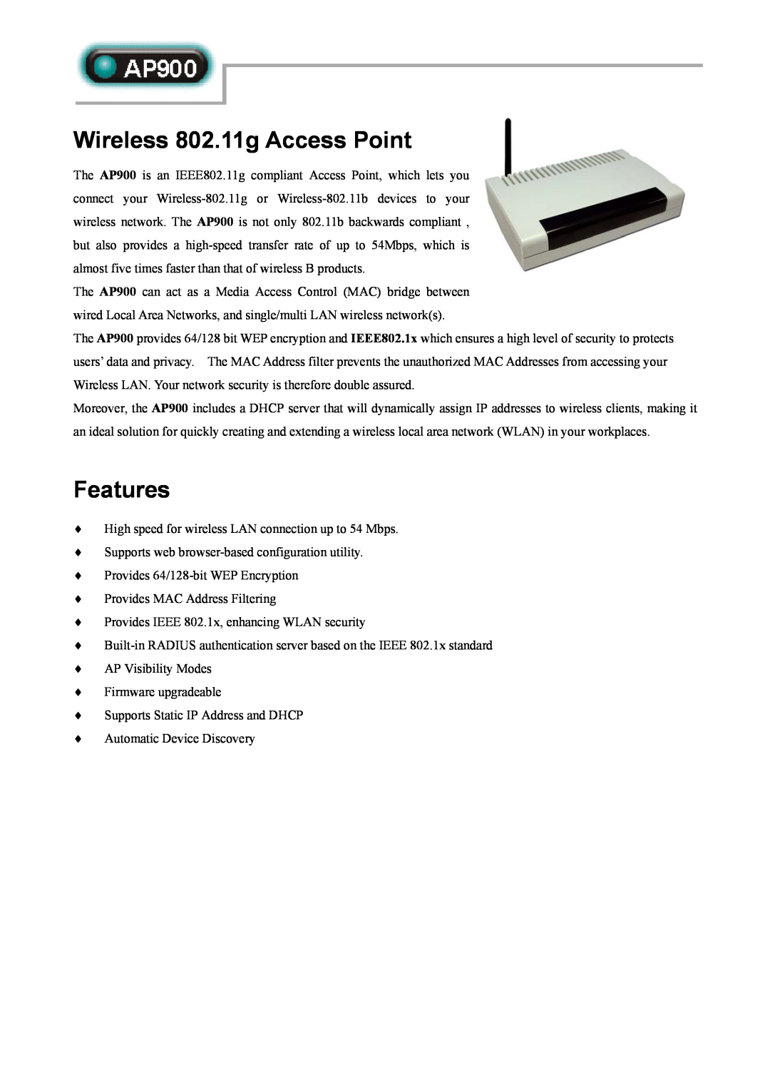 Abocom AP900 manual Wireless 802.11g Access Point, Features 