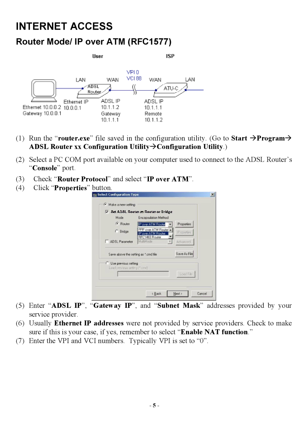 Abocom AR1000 manual Router Mode/ IP over ATM RFC1577, Check Router Protocol and select IP over ATM 