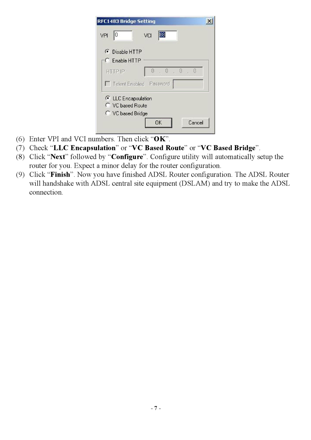 Abocom AR1000 manual Check LLC Encapsulation or VC Based Route or VC Based Bridge 