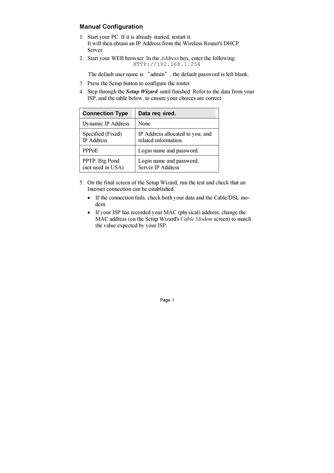 Abocom ARM904 user manual Manual Configuration, Connection Type Data required 