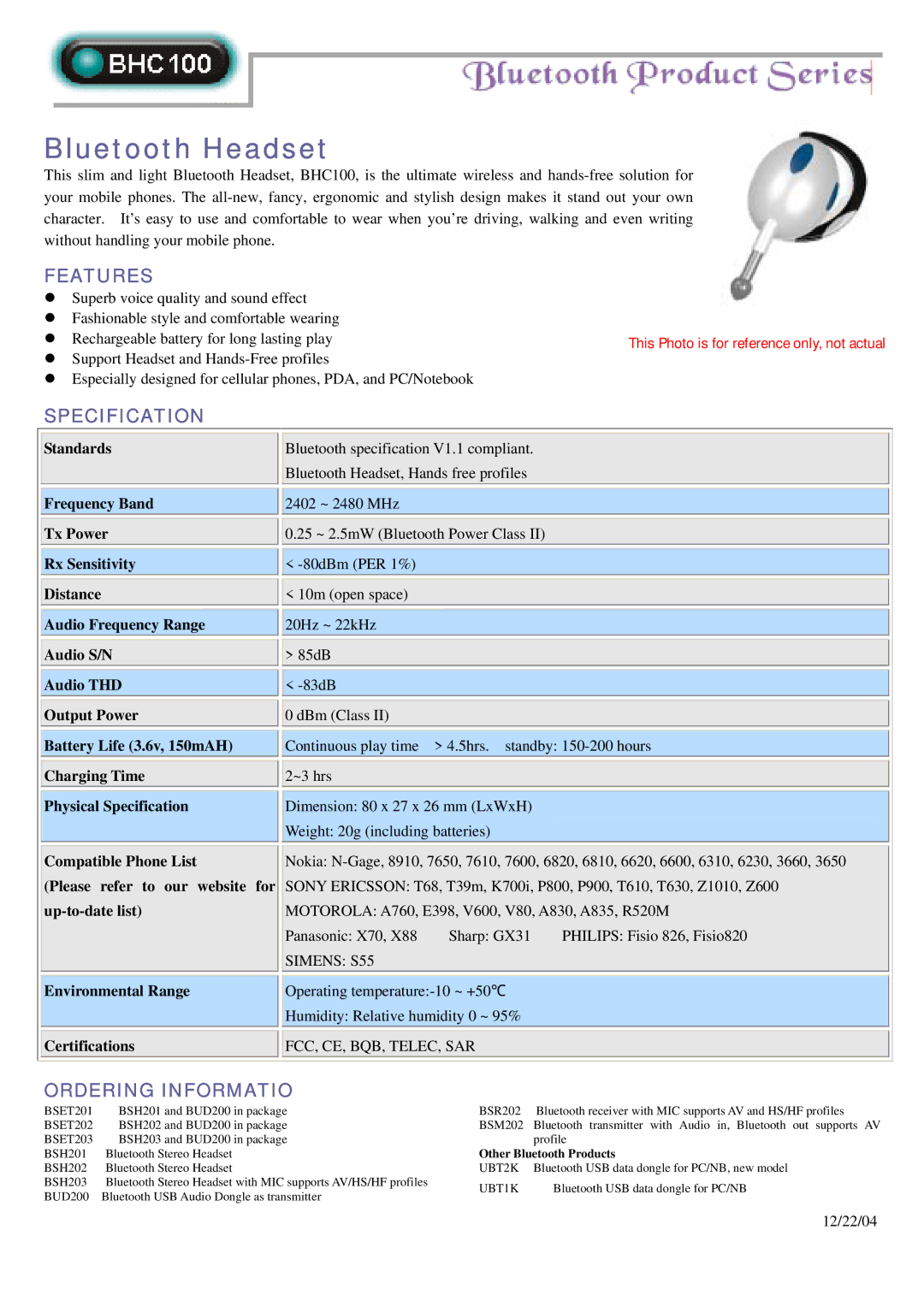 Abocom BCH100 specifications Bluetooth Headset, Features, Specification, Ordering Informatio, Other Bluetooth Products 