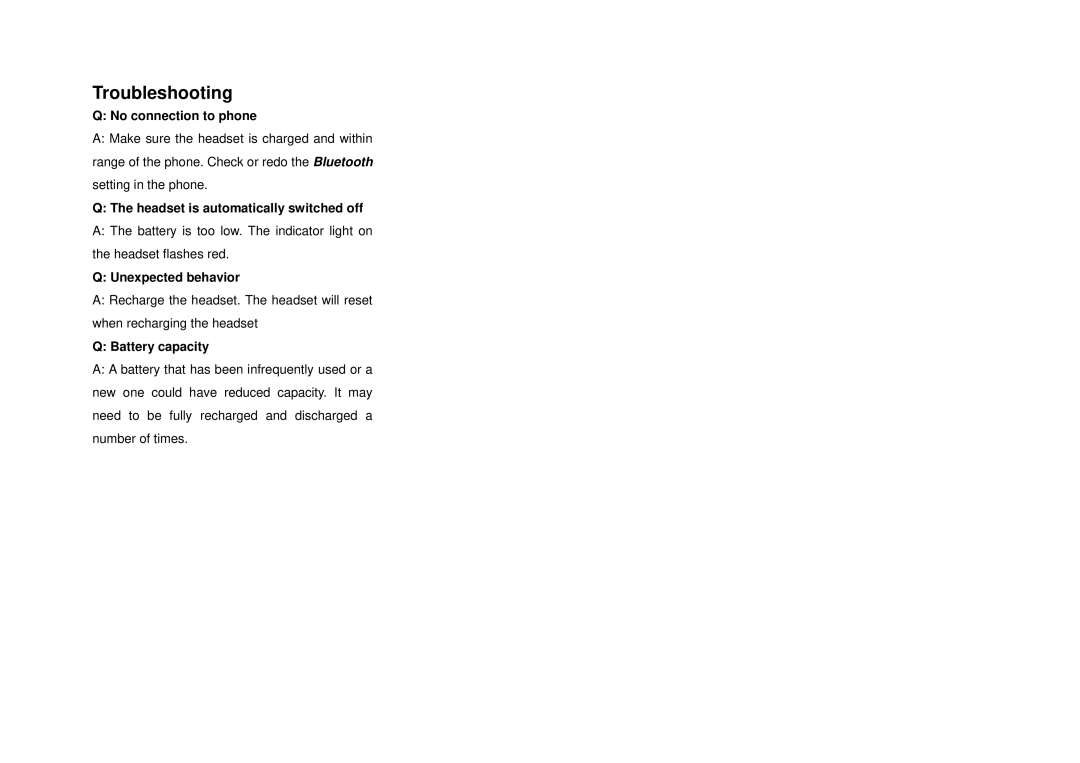 Abocom BCH110 manual Troubleshooting, No connection to phone, Headset is automatically switched off, Unexpected behavior 