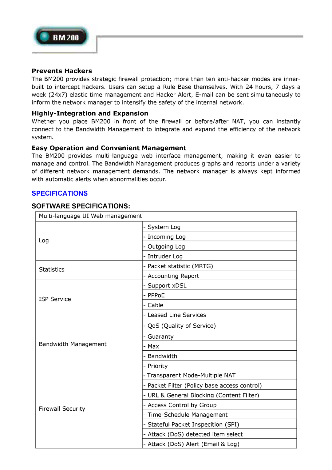 Abocom BM200 manual Software Specifications, Prevents Hackers, Highly-Integration and Expansion 