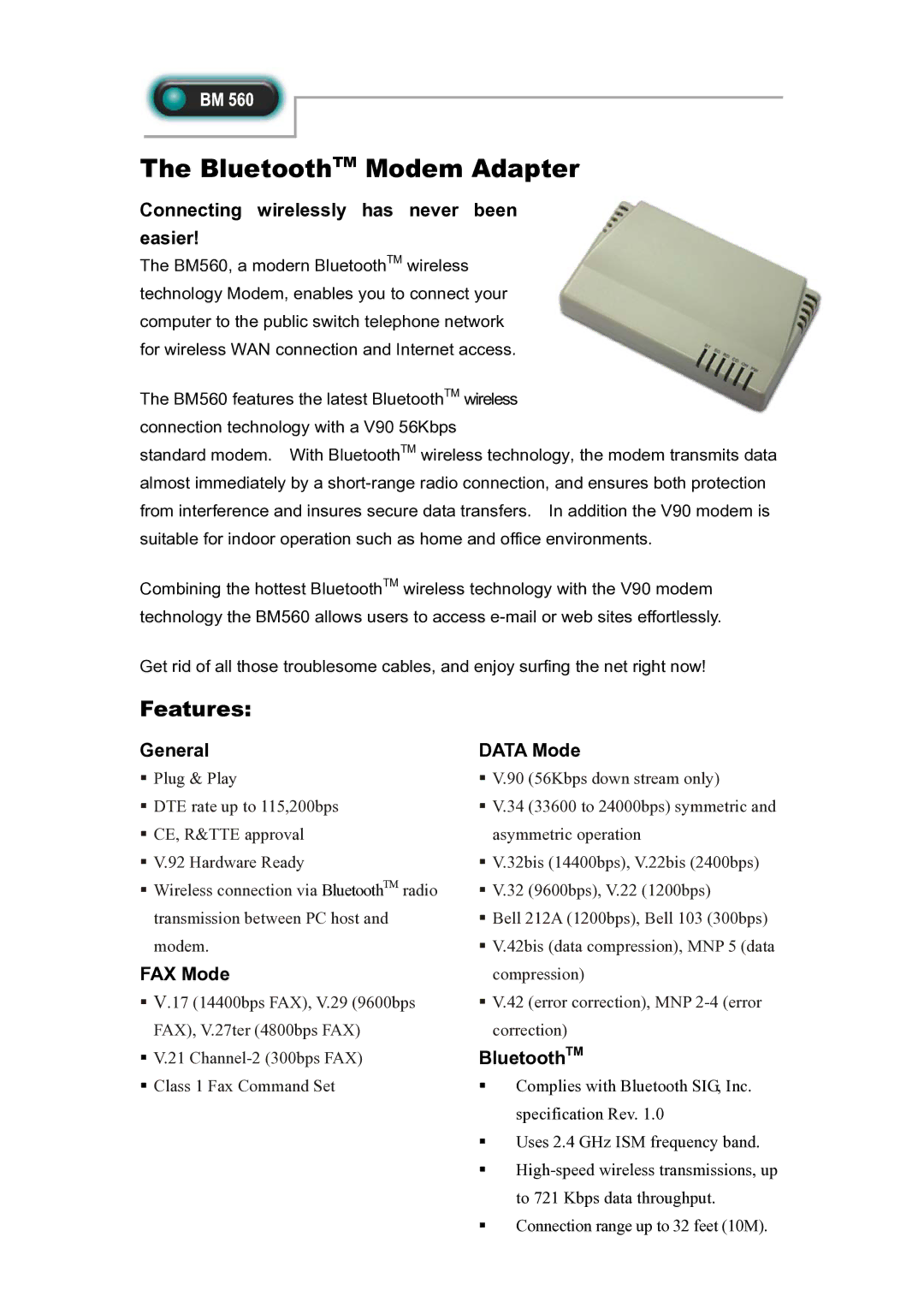 Abocom BM560 manual BluetoothTM Modem Adapter, Features 