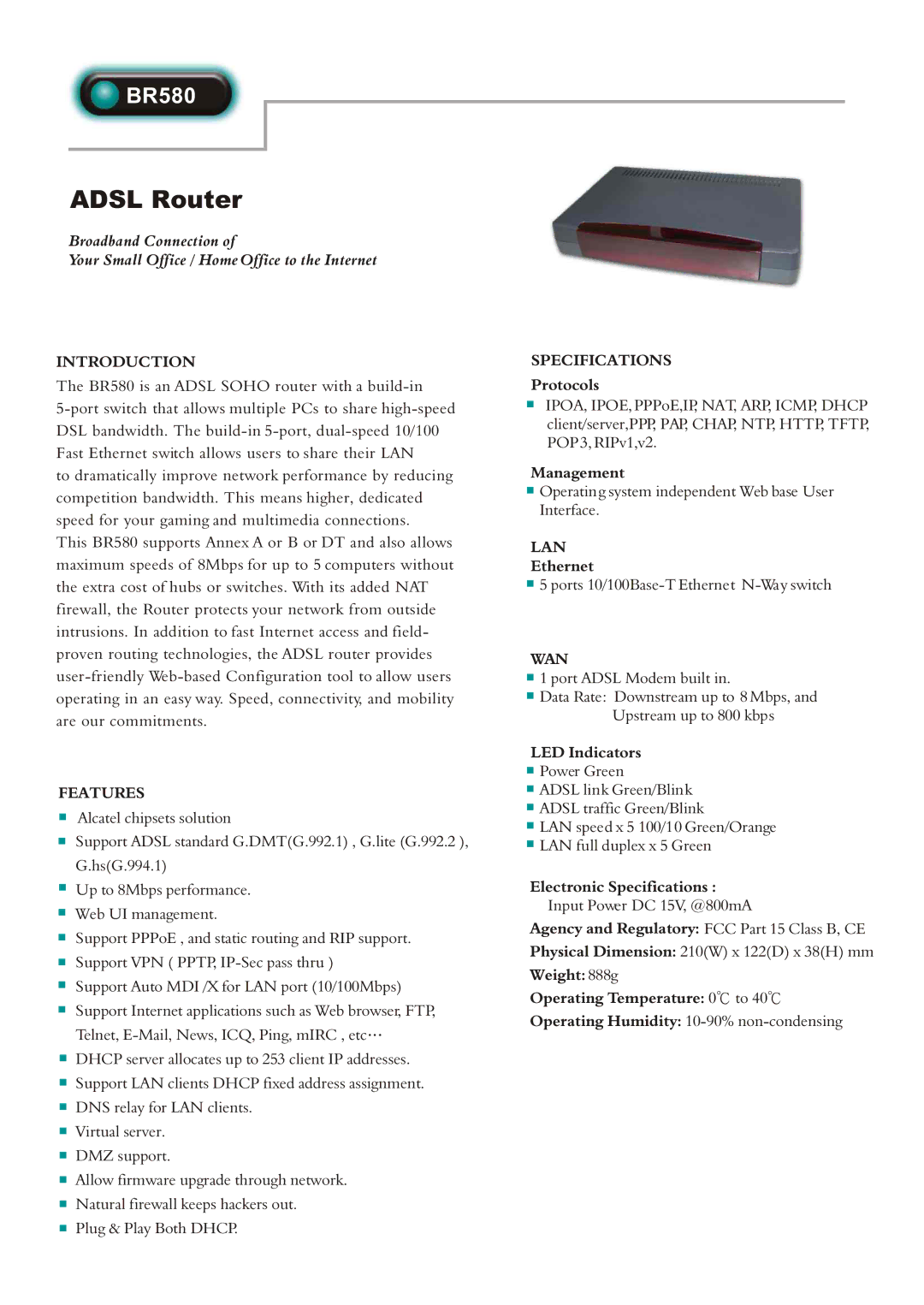 Abocom BR580 specifications Adsl Router 