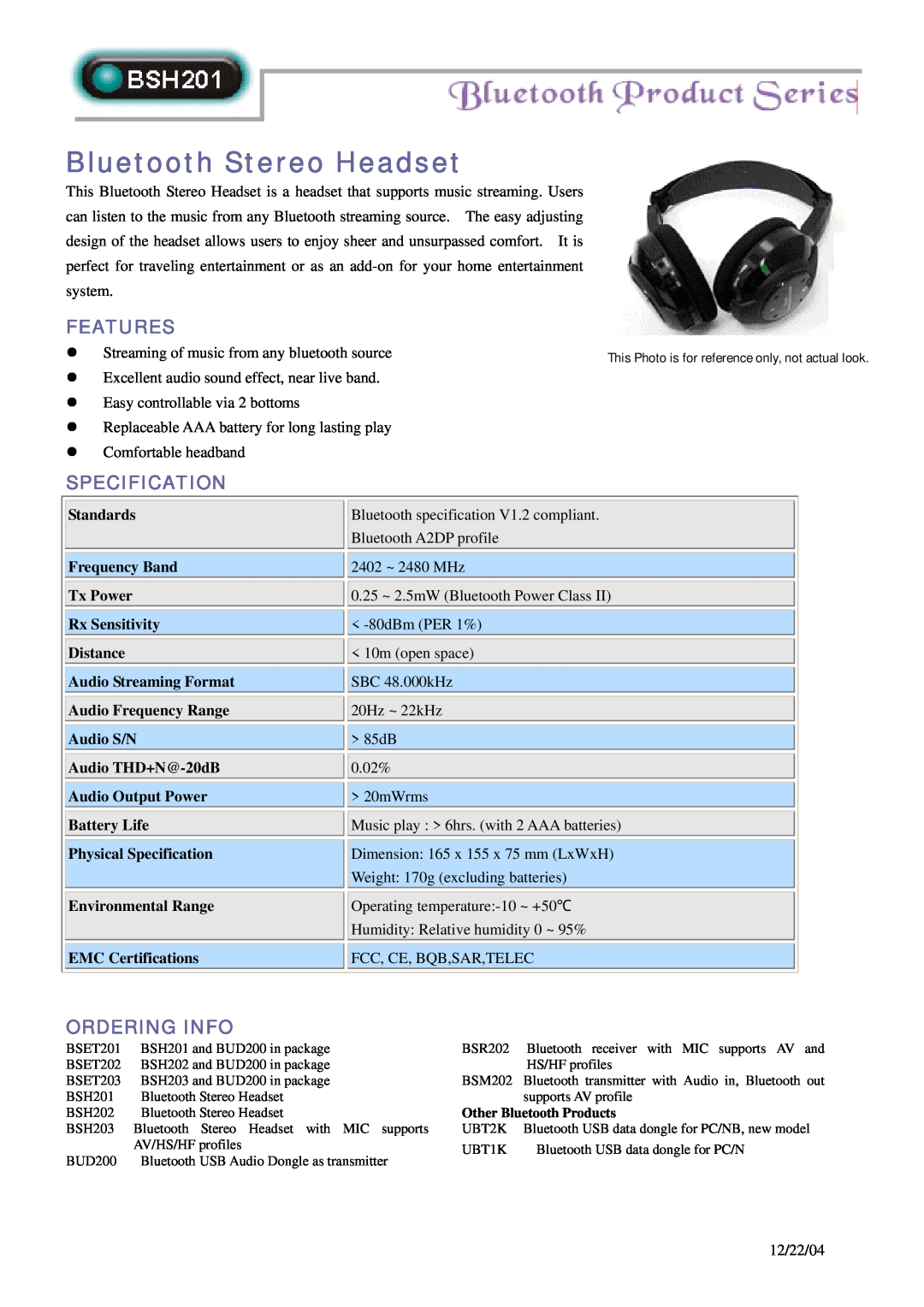 Abocom BSH201 specifications Bluetooth Stereo Headset, Features, Specification, Ordering Info 