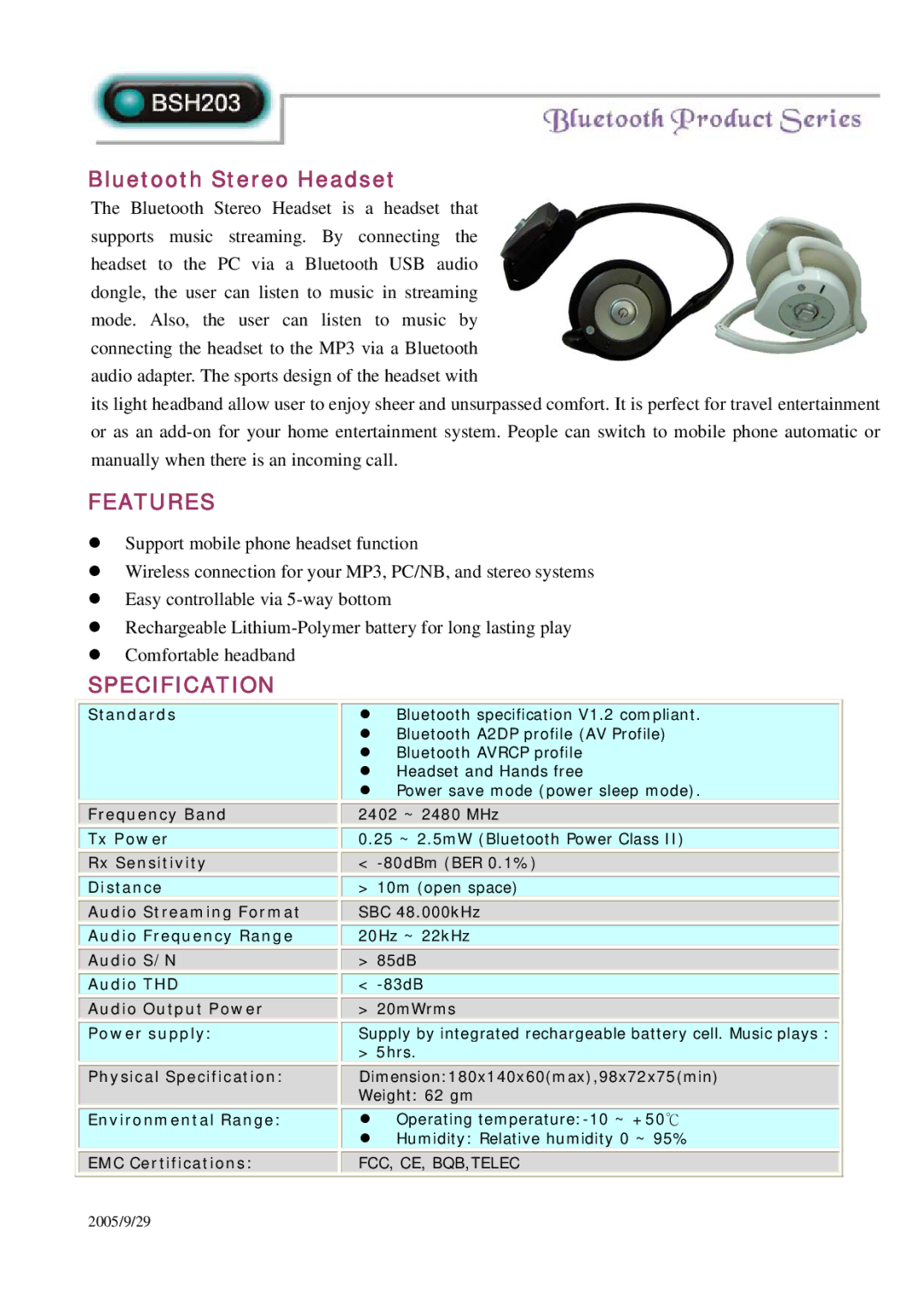 Abocom BSH203 specifications Bluetooth Stereo Headset, Features, Specification 