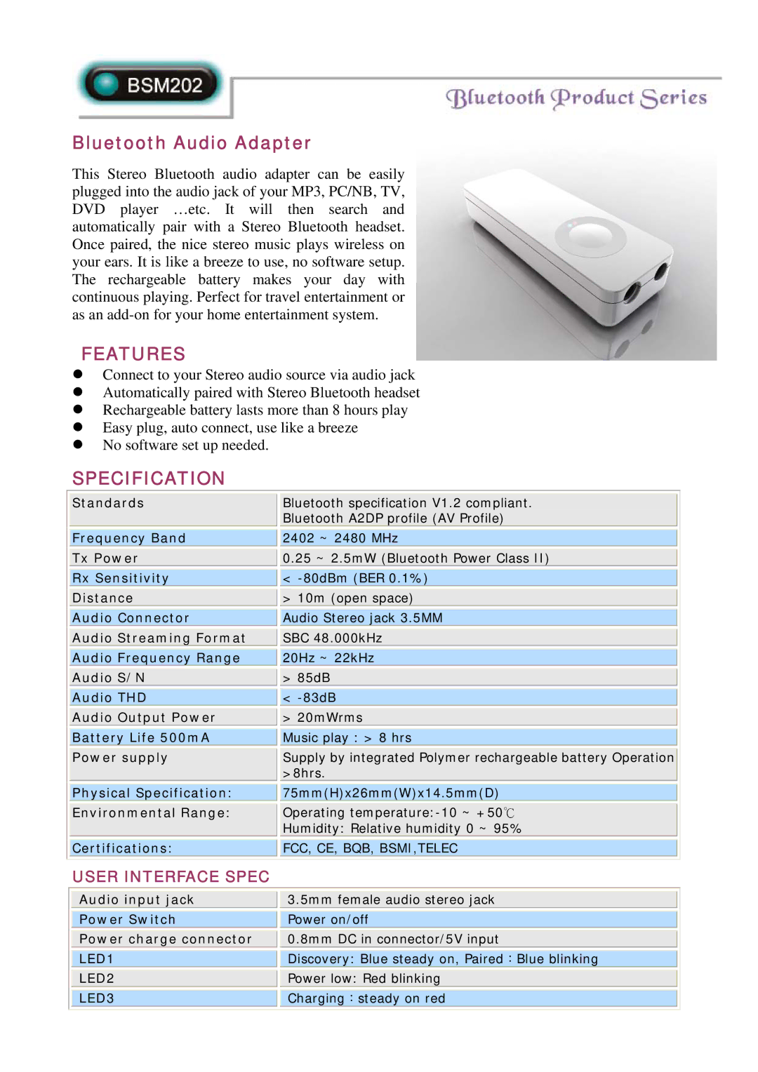 Abocom BSM202 specifications Bluetooth Audio Adapter, Features, Specification, User Interface Spec 