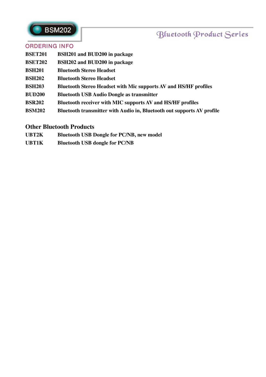 Abocom BSM202 specifications Ordering Info, BSET201, BSET202, UBT2K, UBT1K 