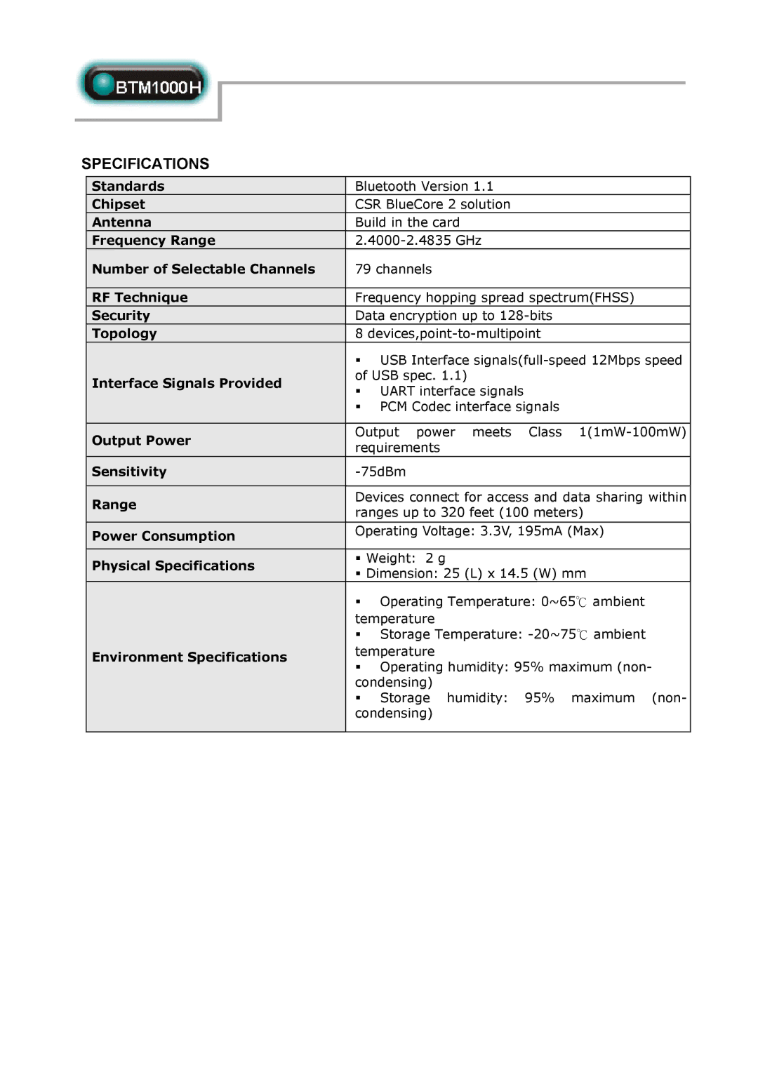 Abocom BTM100H manual Specifications 