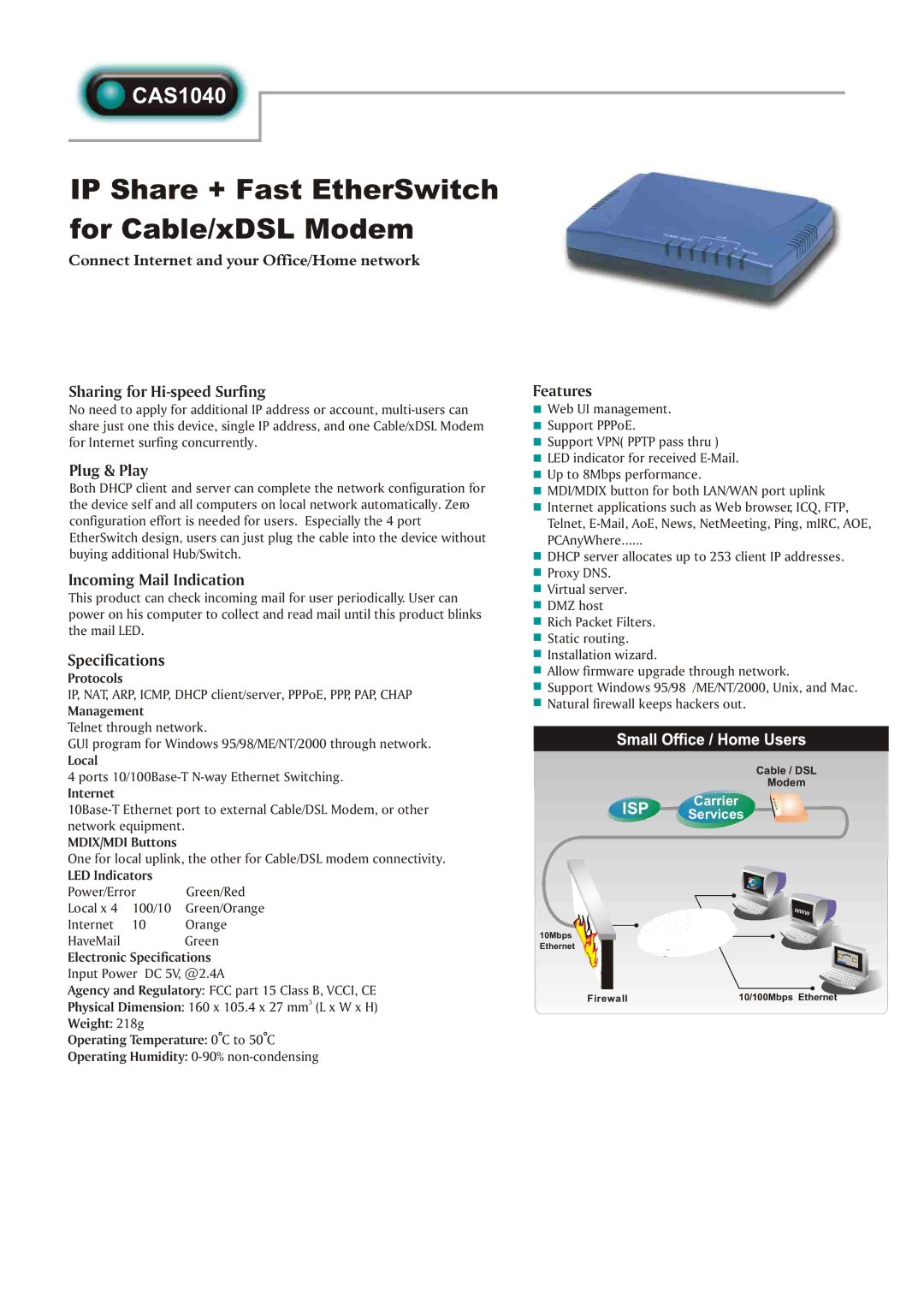 Abocom CAS1040 specifications IP Share + Fast EtherSwitch For Cable/xDSL Modem 