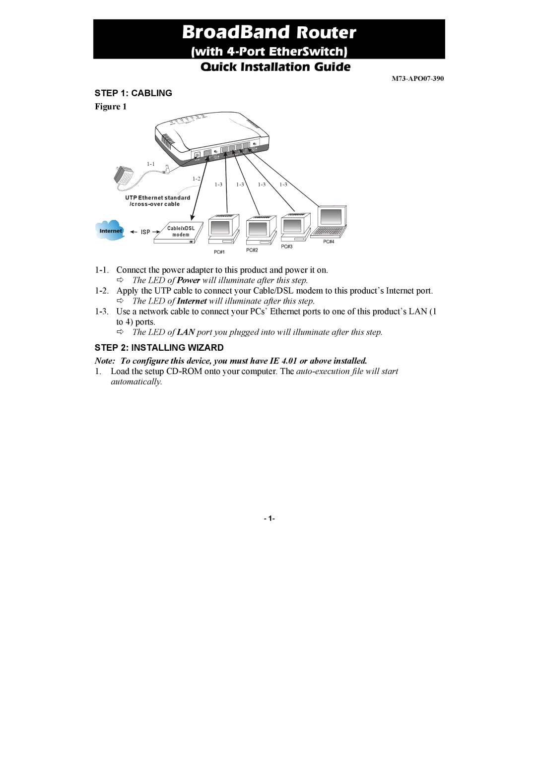 Abocom CAS2047 manual BroadBand Router, With 4-Port EtherSwitch, Quick Installation Guide, Cabling, Installing Wizard 