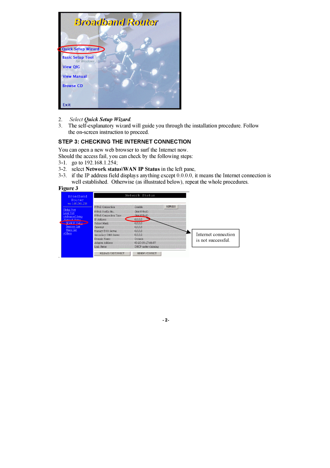 Abocom CAS2047 manual Select Quick Setup Wizard, Checking the Internet Connection 