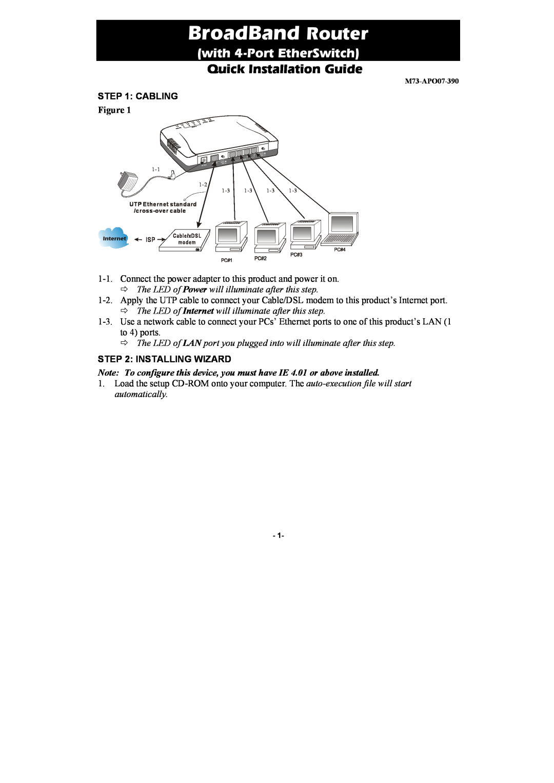 Abocom CAS2047 manual Cabling, Installing Wizard, BroadBand Router, with 4-Port EtherSwitch, Quick Installation Guide 