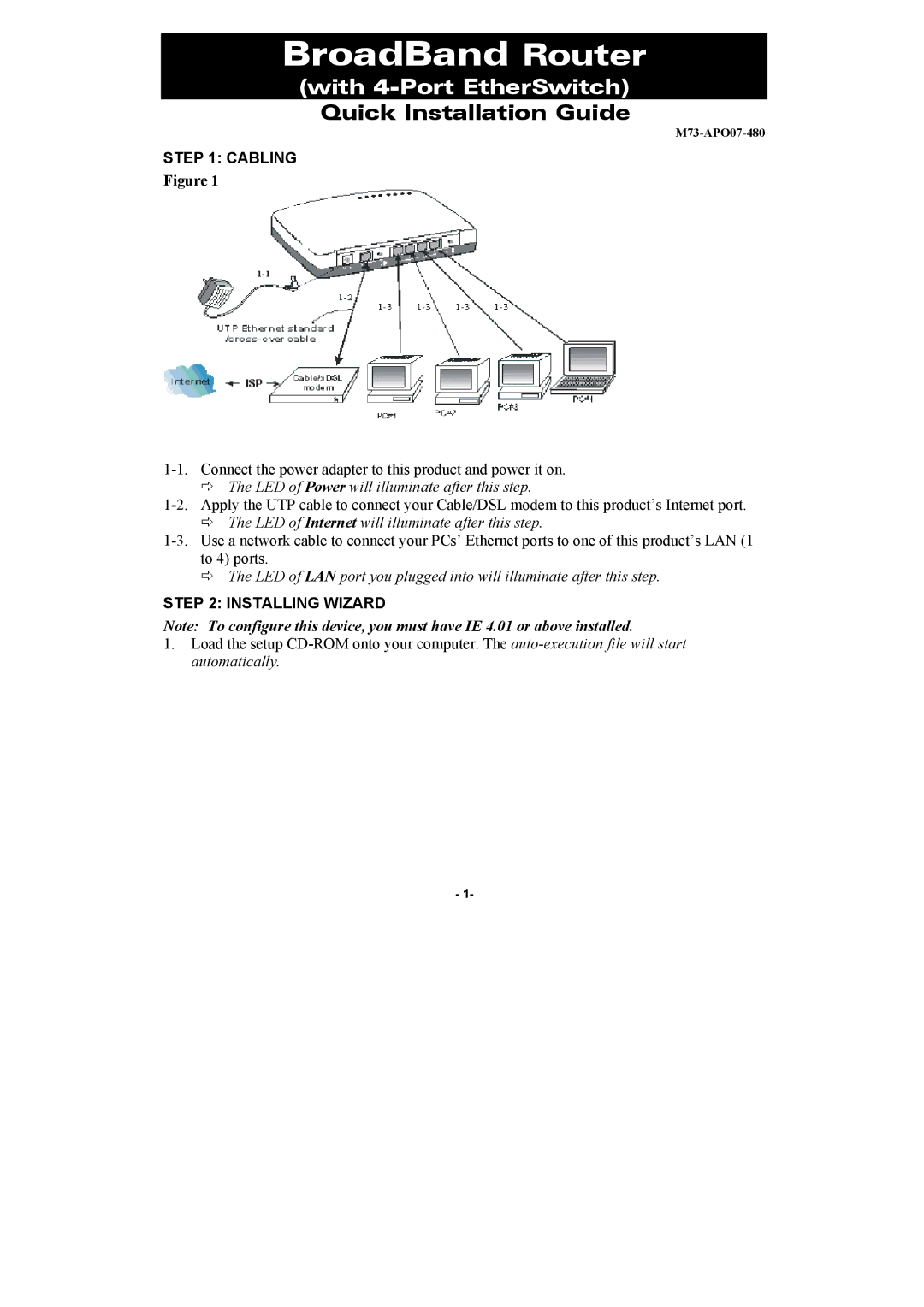 Abocom CAS3047 manual BroadBand Router, With 4-Port EtherSwitch, Quick Installation Guide, Cabling, Installing Wizard 