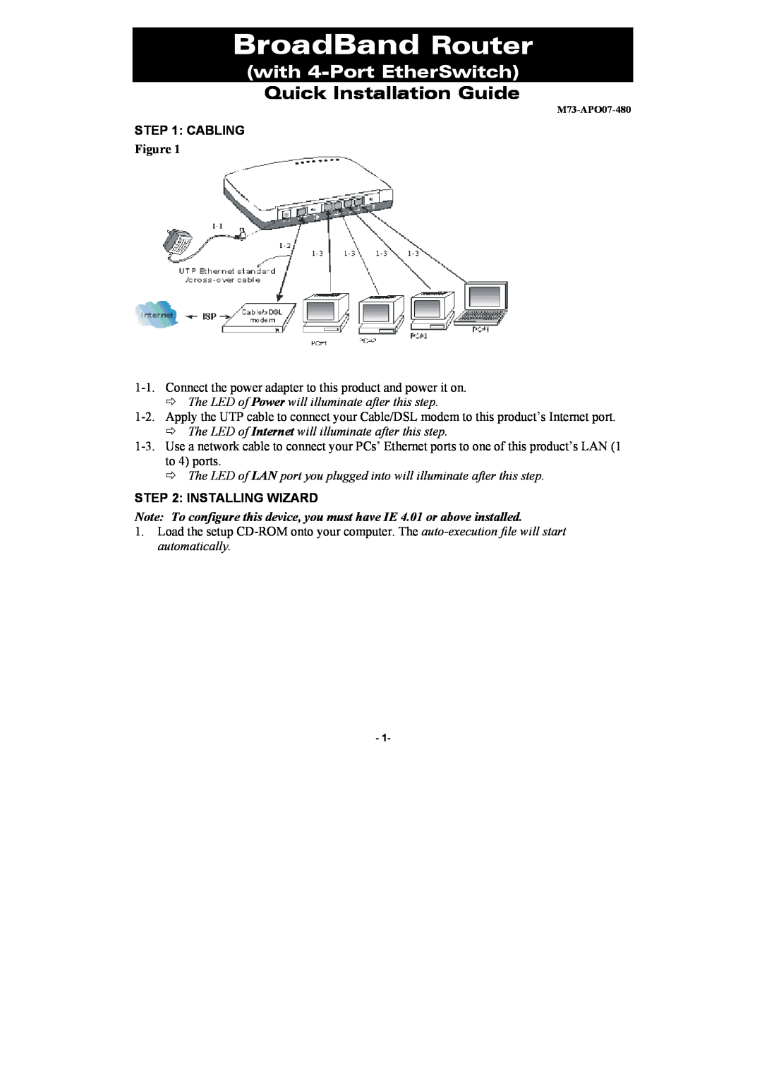 Abocom CAS3047 manual Cabling, Installing Wizard, BroadBand Router, with 4-Port EtherSwitch, Quick Installation Guide 
