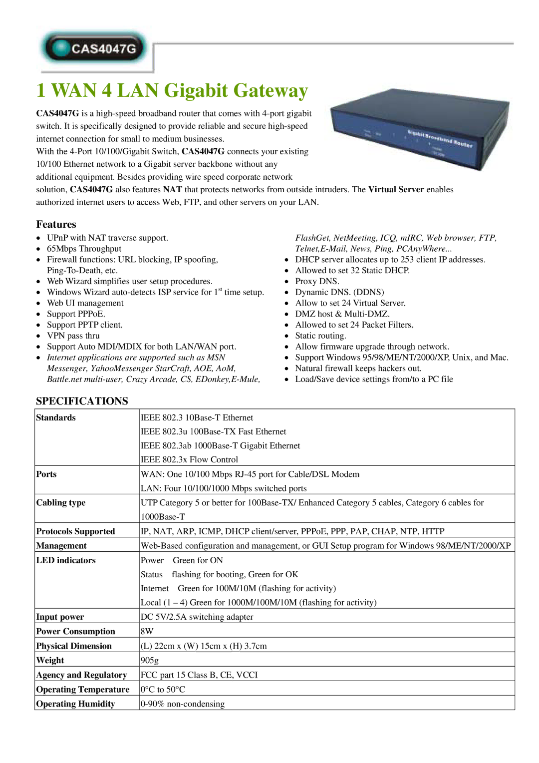 Abocom CAS4047G specifications WAN 4 LAN Gigabit Gateway, Features, Specifications 