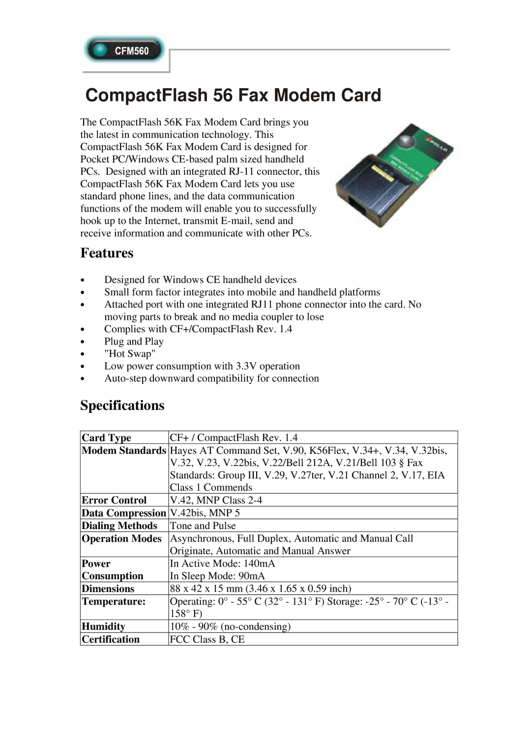 Abocom CFM560 specifications CompactFlash 56 Fax Modem Card, Features, Specifications 