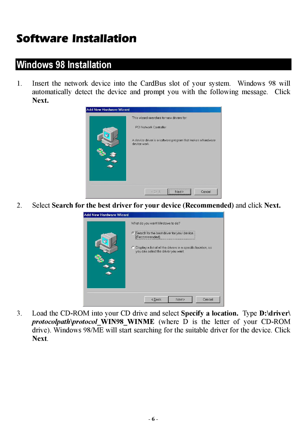 Abocom CIA3000 manual Software Installation, Windows 98 Installation 