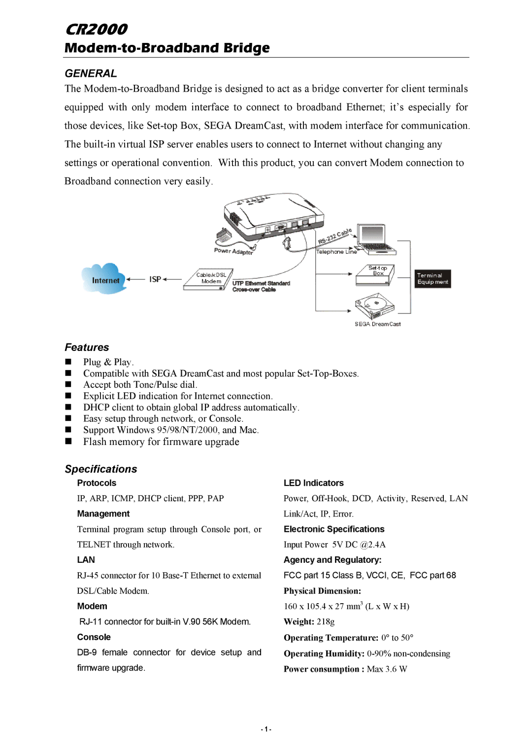 Abocom CR2000 specifications Modem-to-Broadband Bridge, General, Features, Specifications 