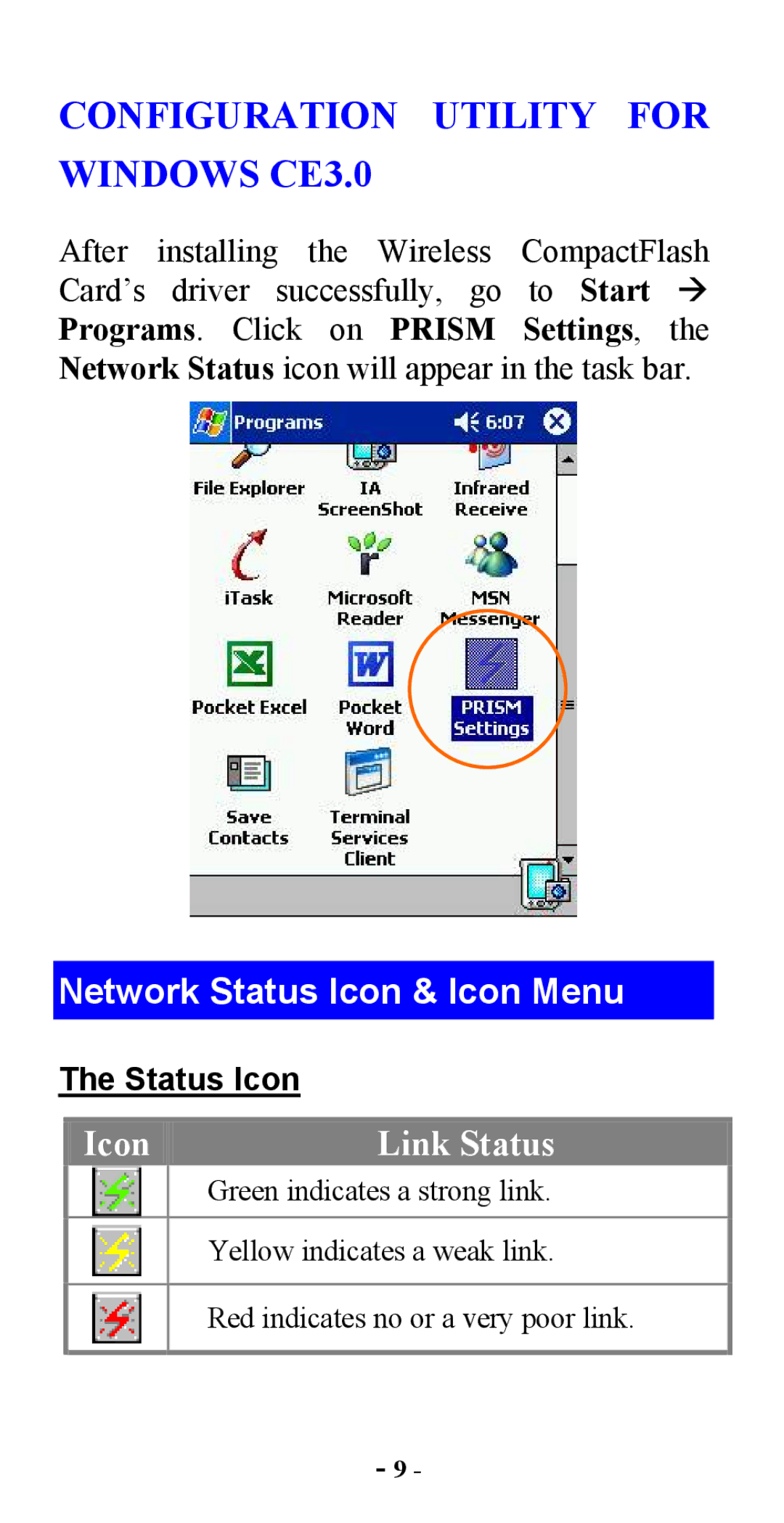 Abocom CWB1000 manual Configuration Utility for Windows CE3.0, Network Status Icon & Icon Menu 