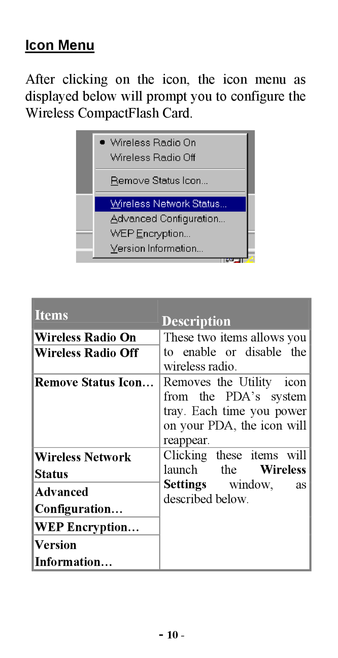 Abocom CWB1000 manual Wireless Radio On, Wireless Radio Off, Remove Status Icon…, Wireless Network, Settings, Advanced 