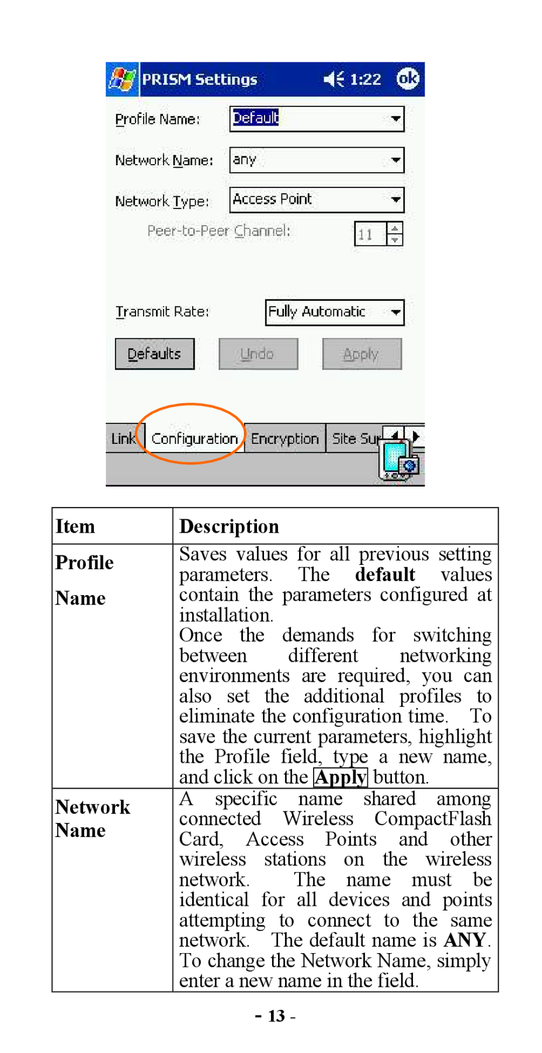 Abocom CWB1000 manual Description Profile, Default, Name, Apply, Network 