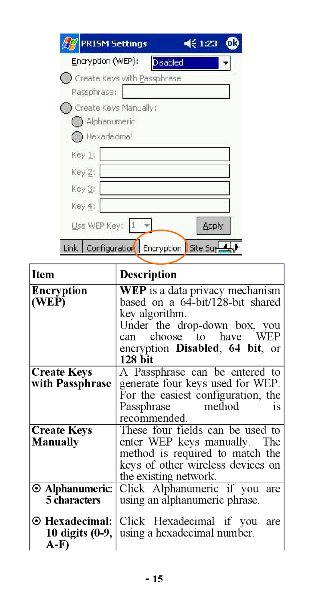 Abocom CWB1000 manual Description Encryption, bit Create Keys, With Passphrase, Manually 