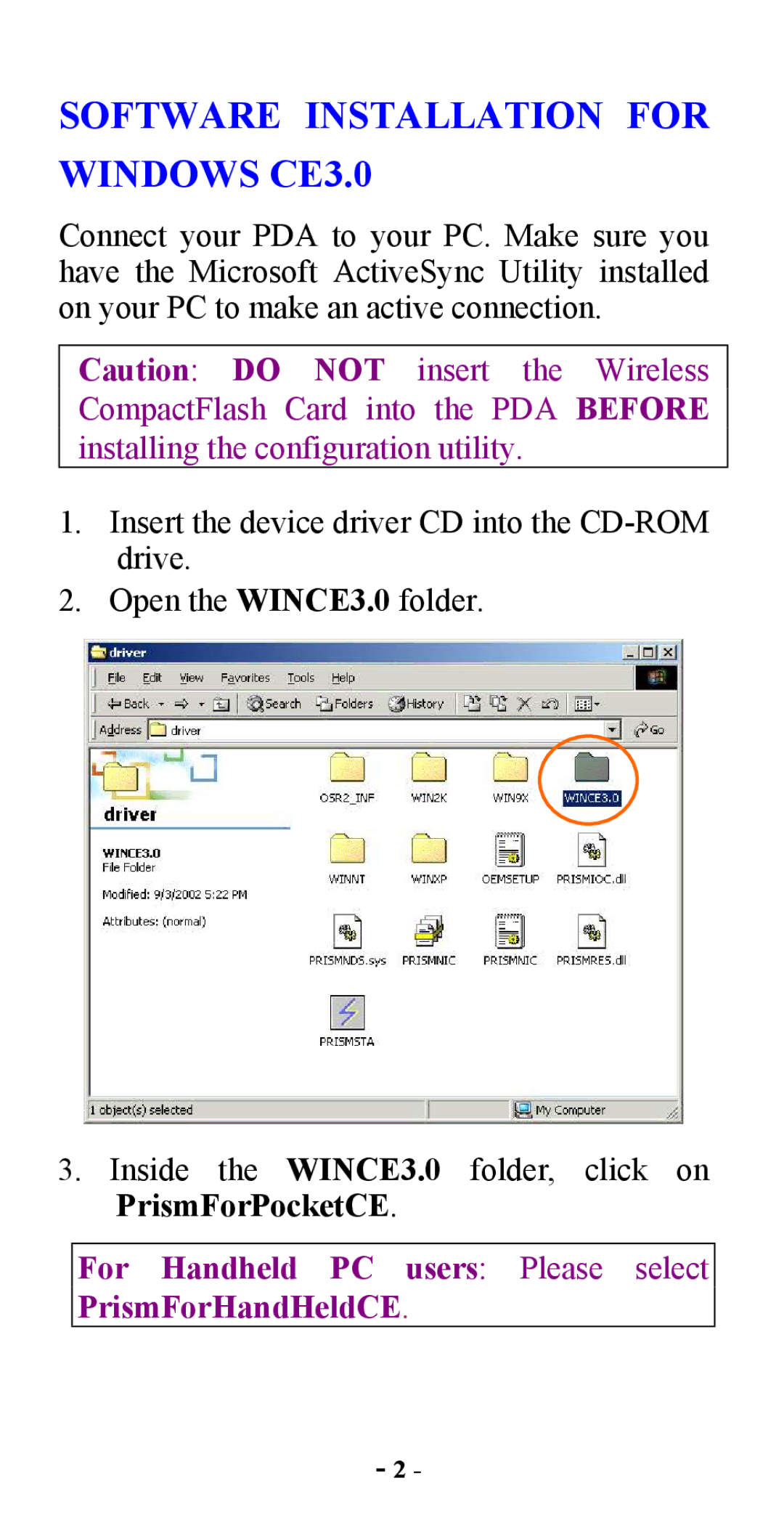 Abocom CWB1000 manual Software Installation for Windows CE3.0, For Handheld PC users Please select PrismForHandHeldCE 