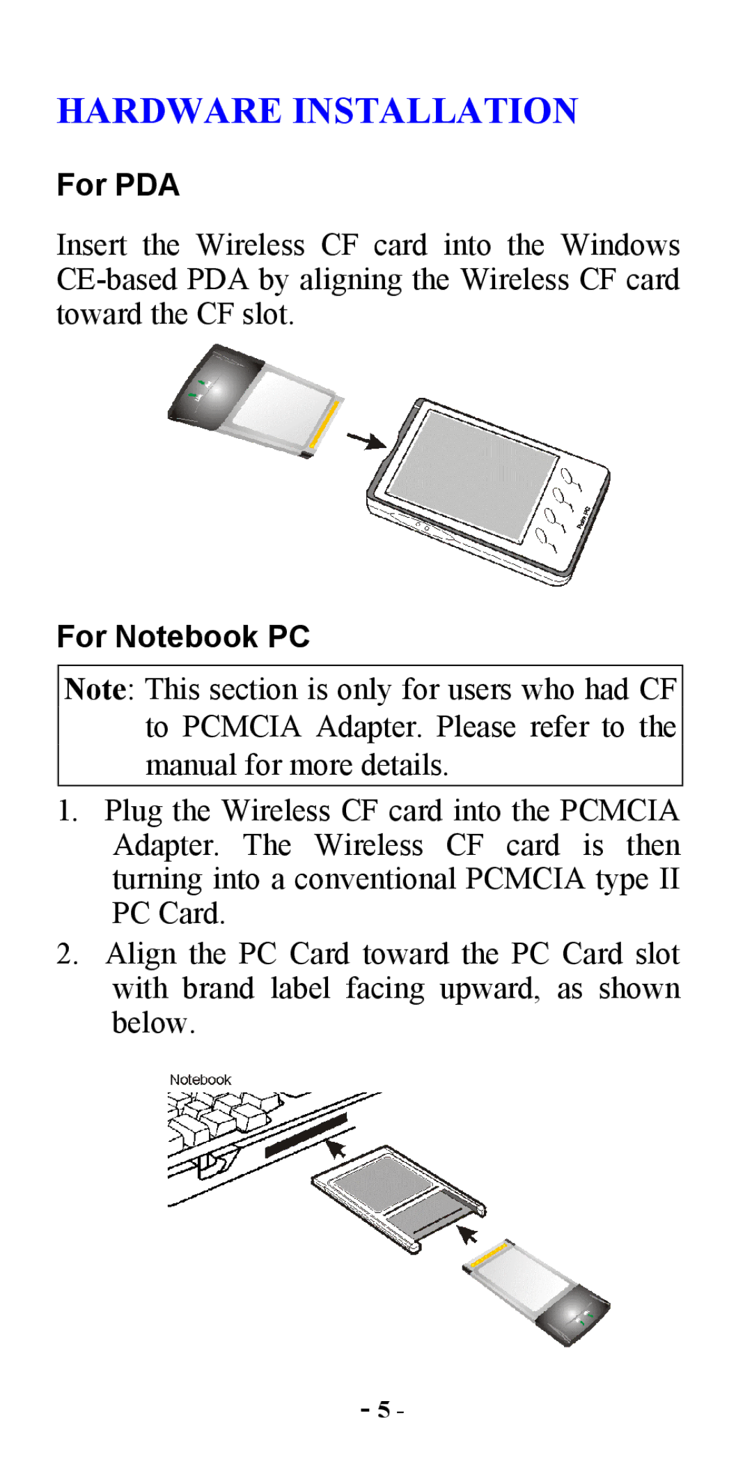 Abocom CWB1000 manual Hardware Installation, For PDA 