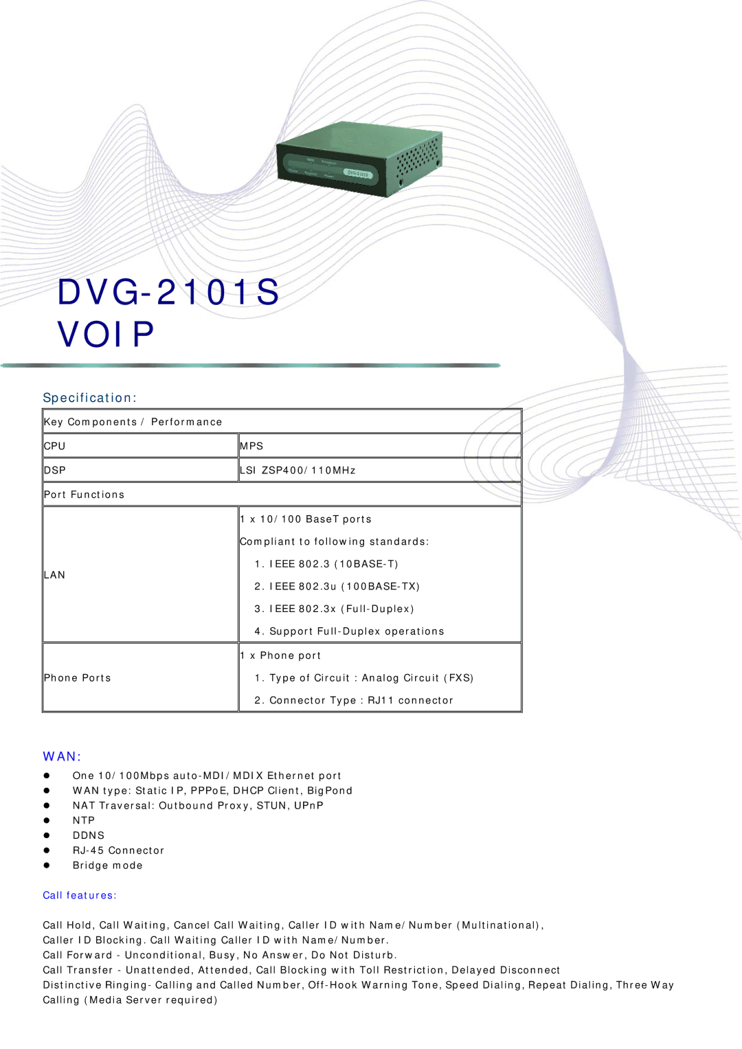 Abocom DVG-2101S manual Voip, Specification, Wan, Cpu Mps Dsp, Lan 