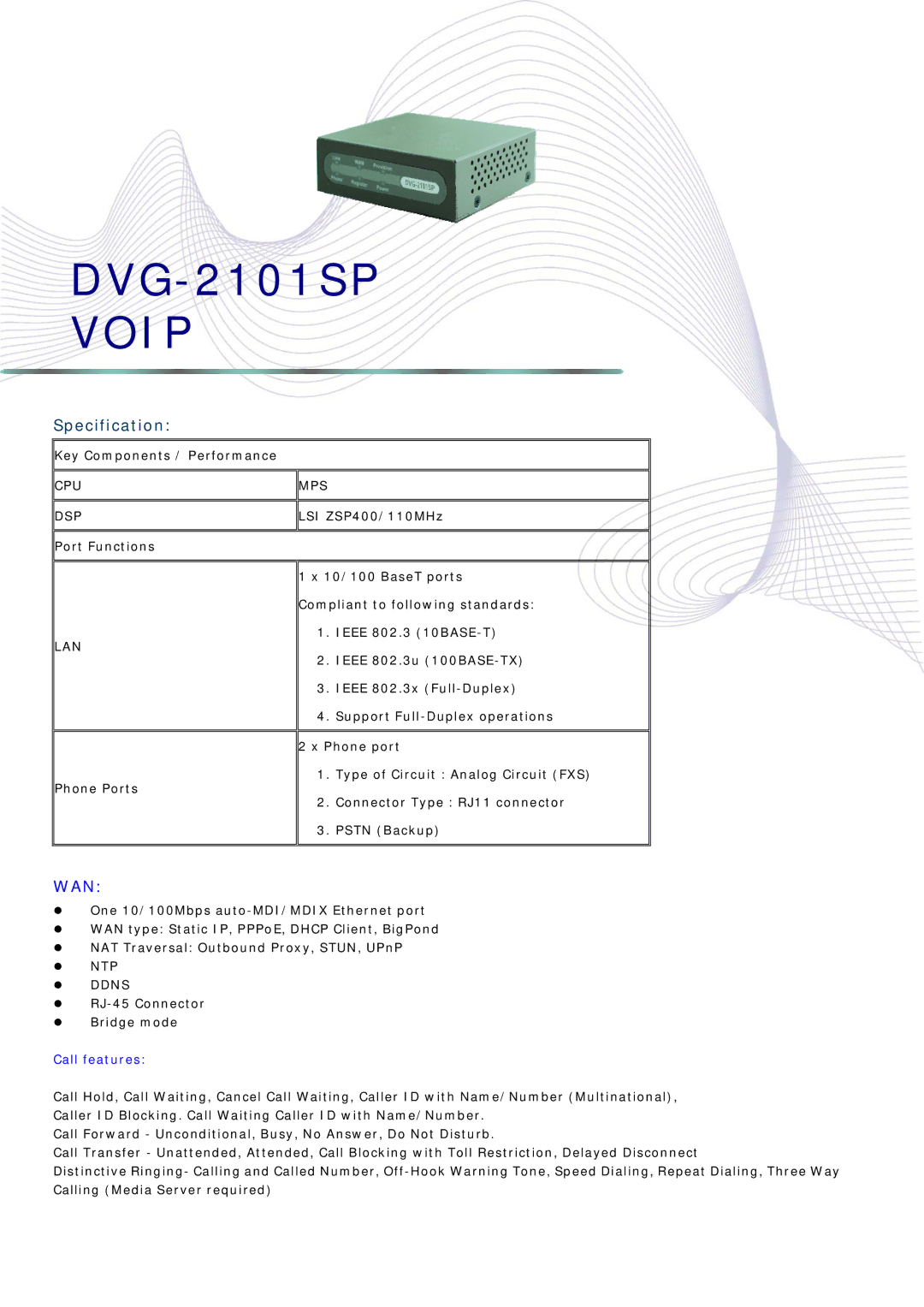 Abocom DVG-2101SP manual Voip, Specification, Wan, Cpu Mps Dsp, Lan 