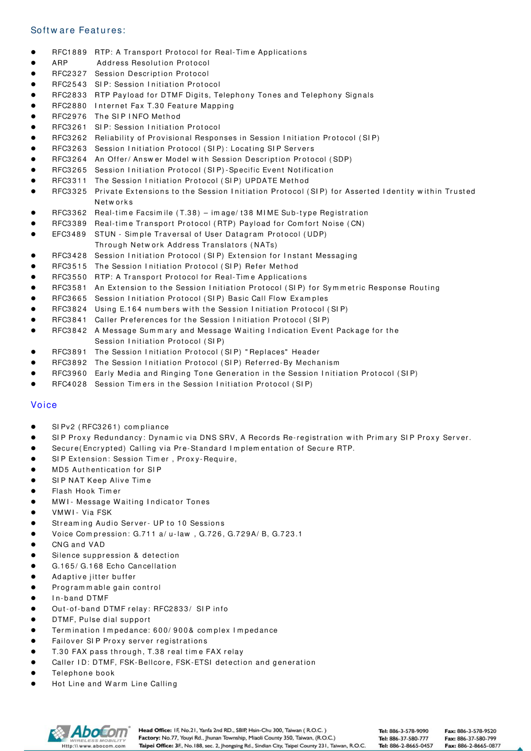 Abocom DVG-2101SP manual Software Features, Voice 