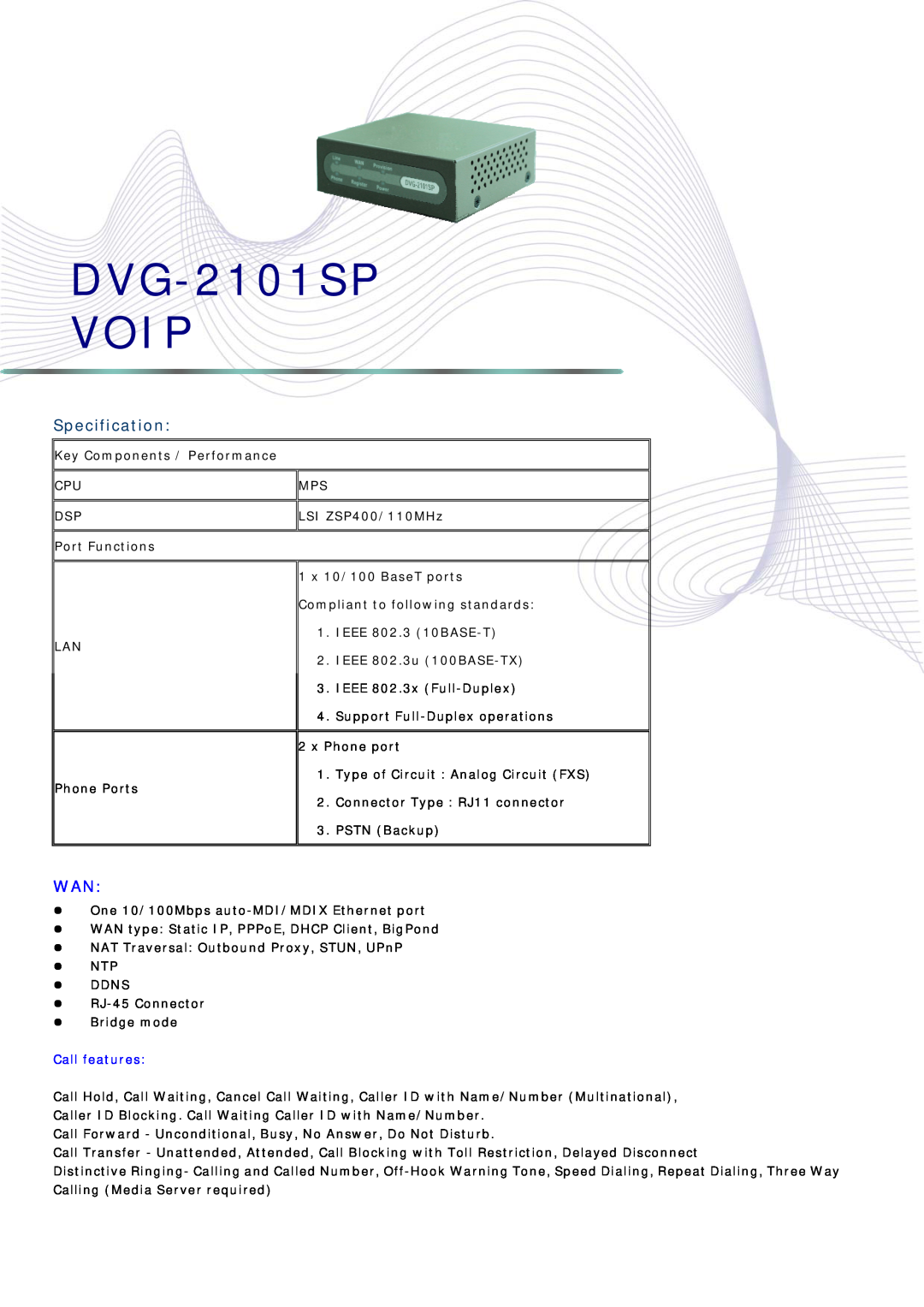 Abocom manual Specification, DVG-2101SP VOIP, Call features 