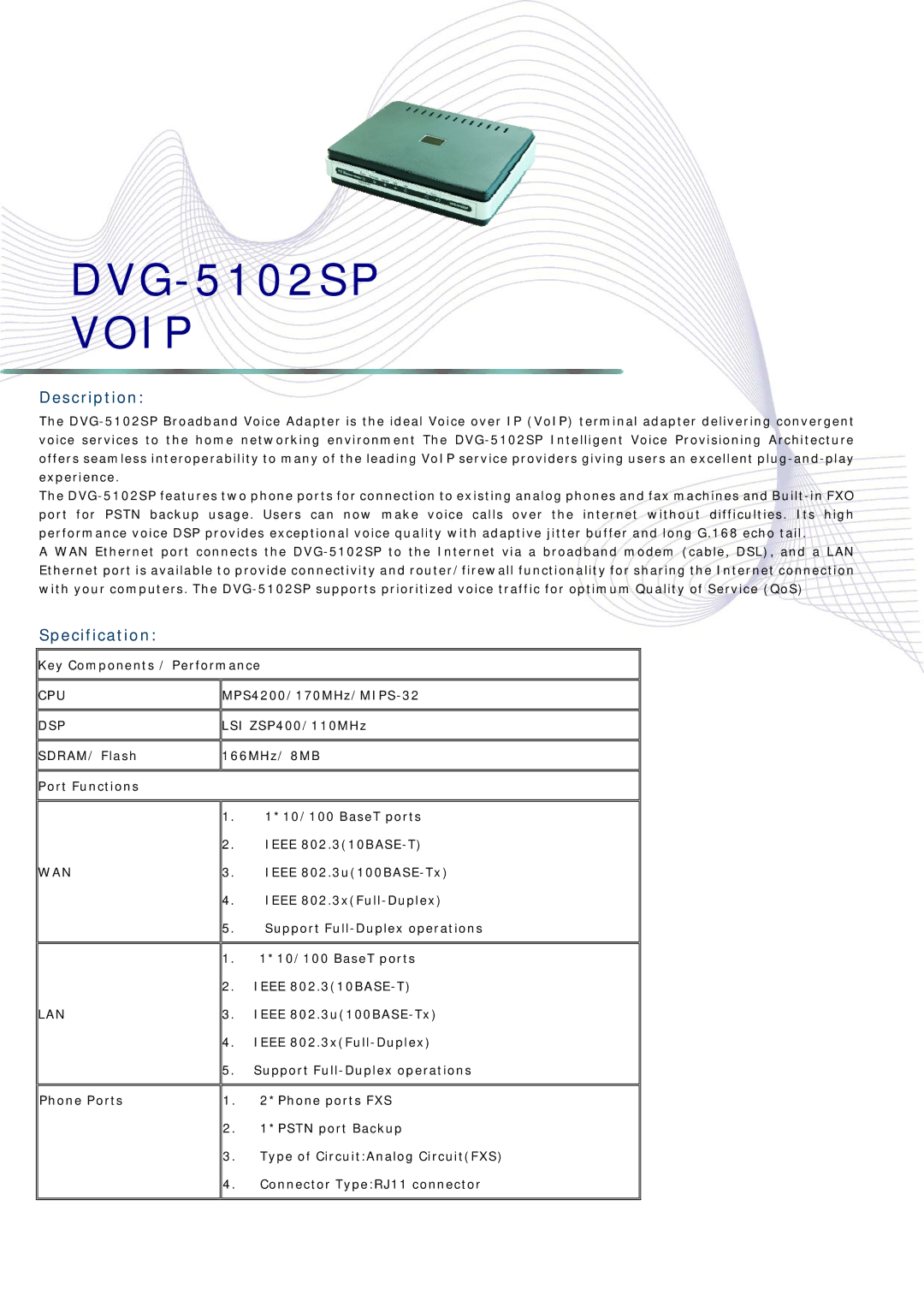 Abocom DVG-5102SP manual Description, Specification 