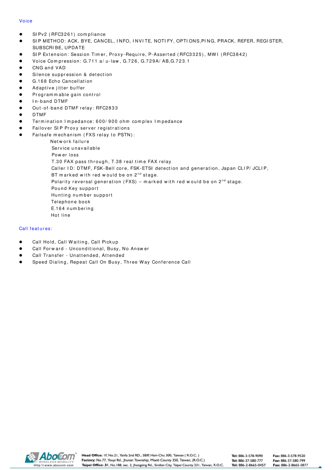 Abocom DVG-5102SP manual Voice, Call features 