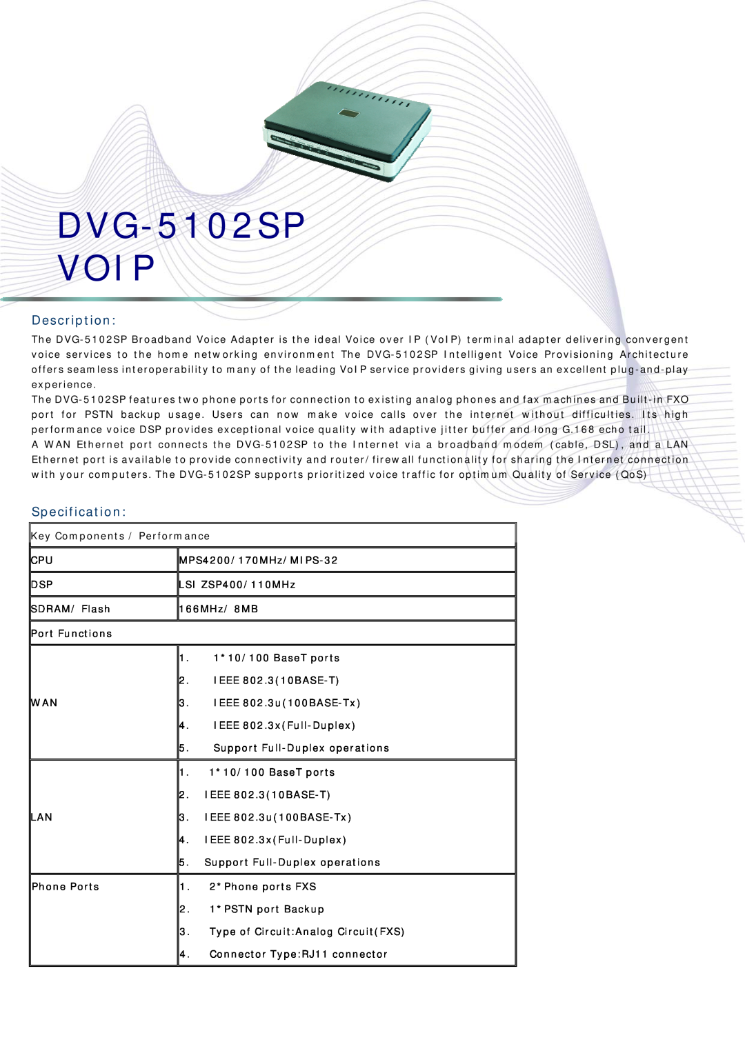 Abocom manual Description, Specification, DVG-5102SP VOIP 
