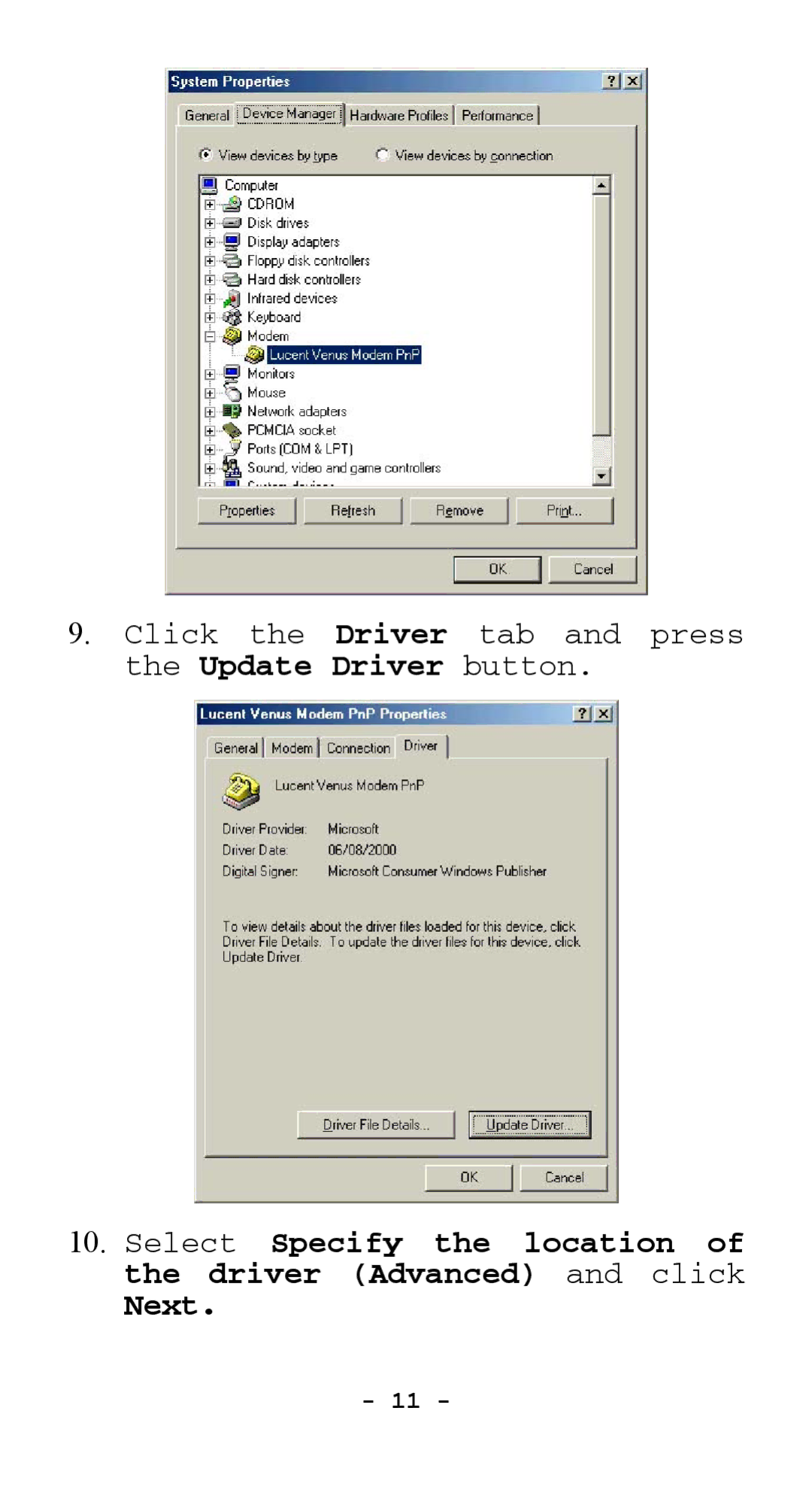 Abocom EFM560 manual Click the Driver tab and press the Update Driver button 