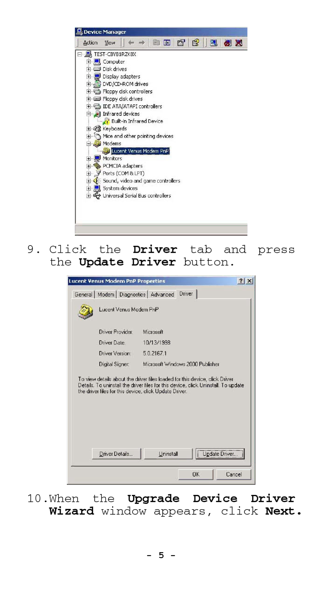 Abocom EFM560 manual Click the Driver tab and press the Update Driver button 