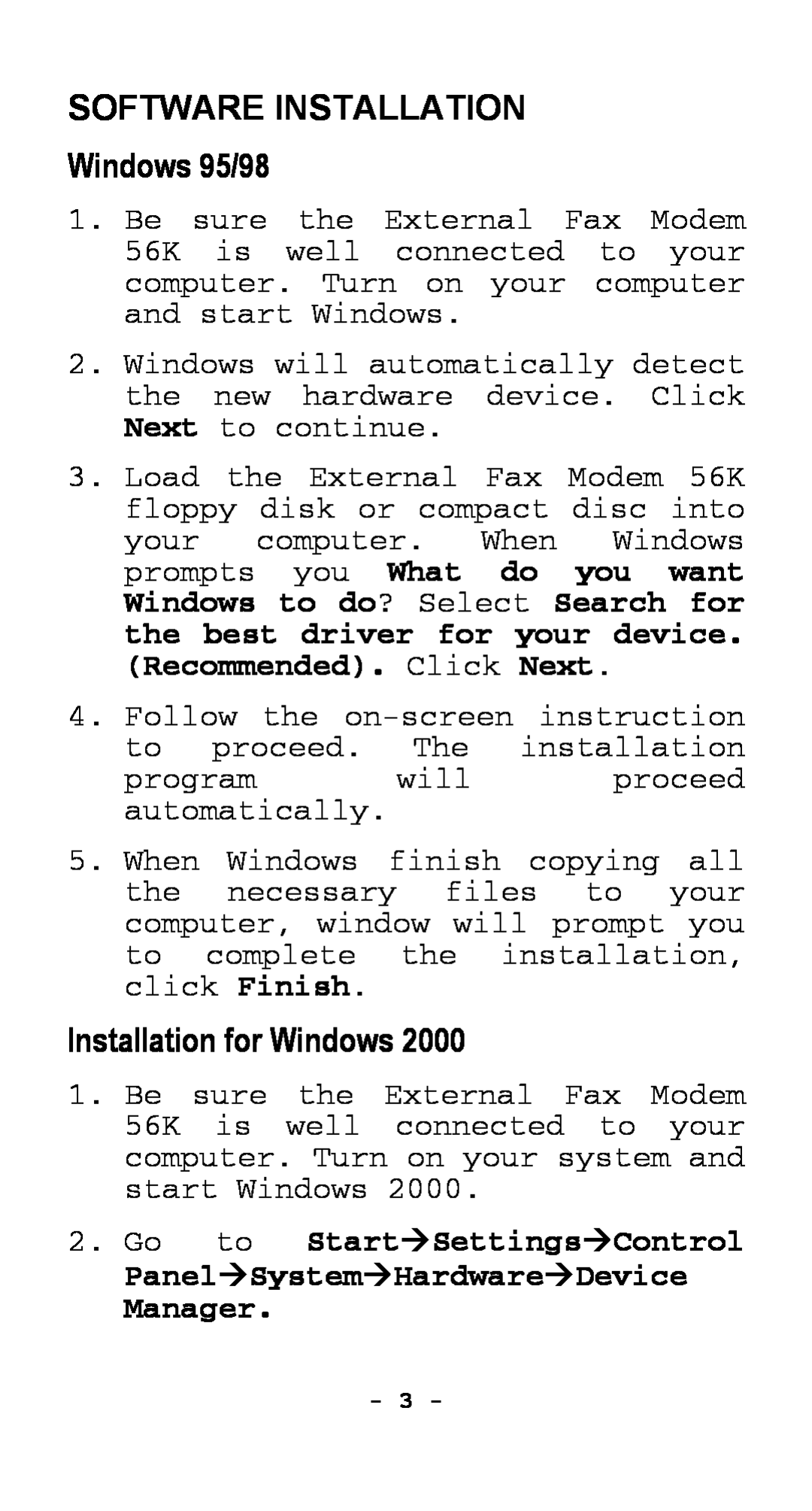 Abocom EFM560 manual SOFTWARE INSTALLATION Windows 95/98, Installation for Windows 