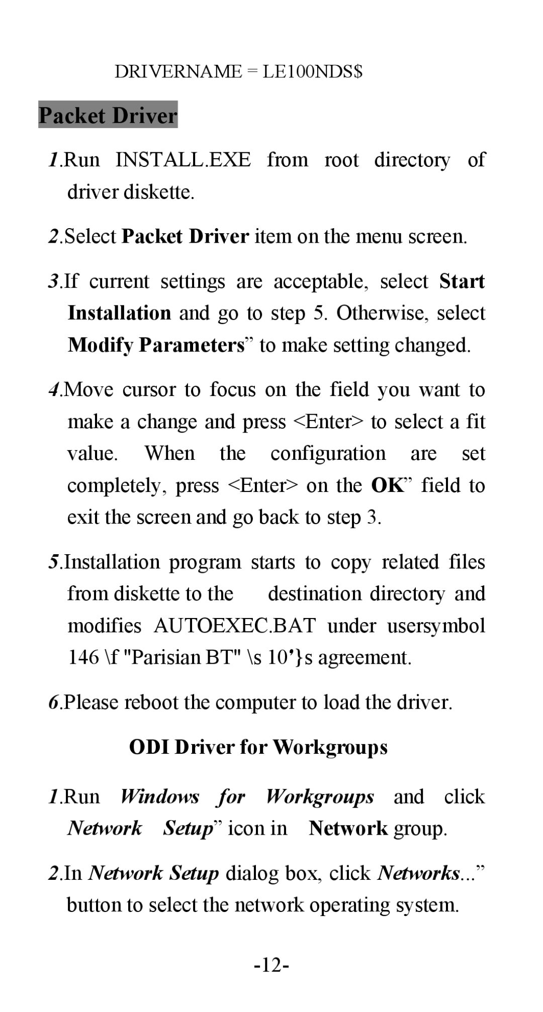 Abocom FE1000 manual Packet Driver, ODI Driver for Workgroups 