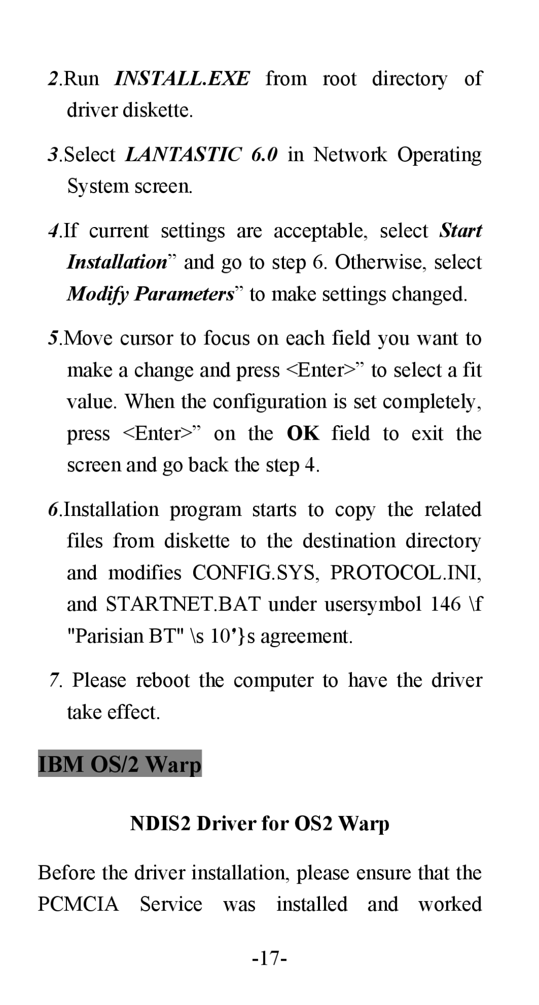 Abocom FE1000 manual IBM OS/2 Warp, NDIS2 Driver for OS2 Warp 